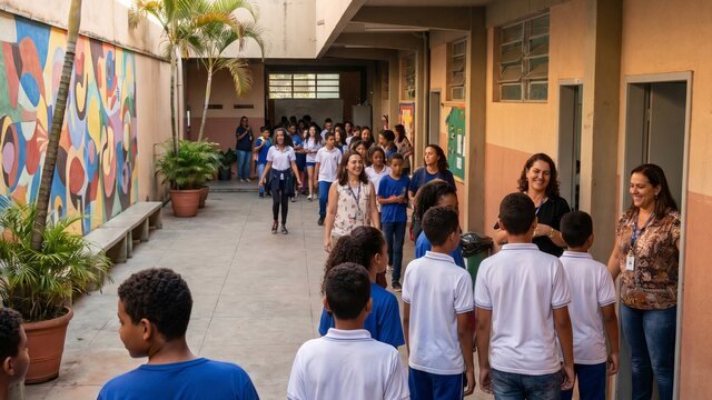 Estudantes e equipe escolar em entrada de escola municipal